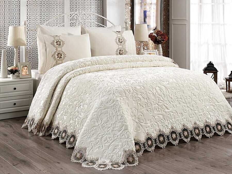 Çeyiz Diyarı - Hitit Double Blanket Set Cream Çeyiz Diyarı - Hitit Double Blanket Set Cream