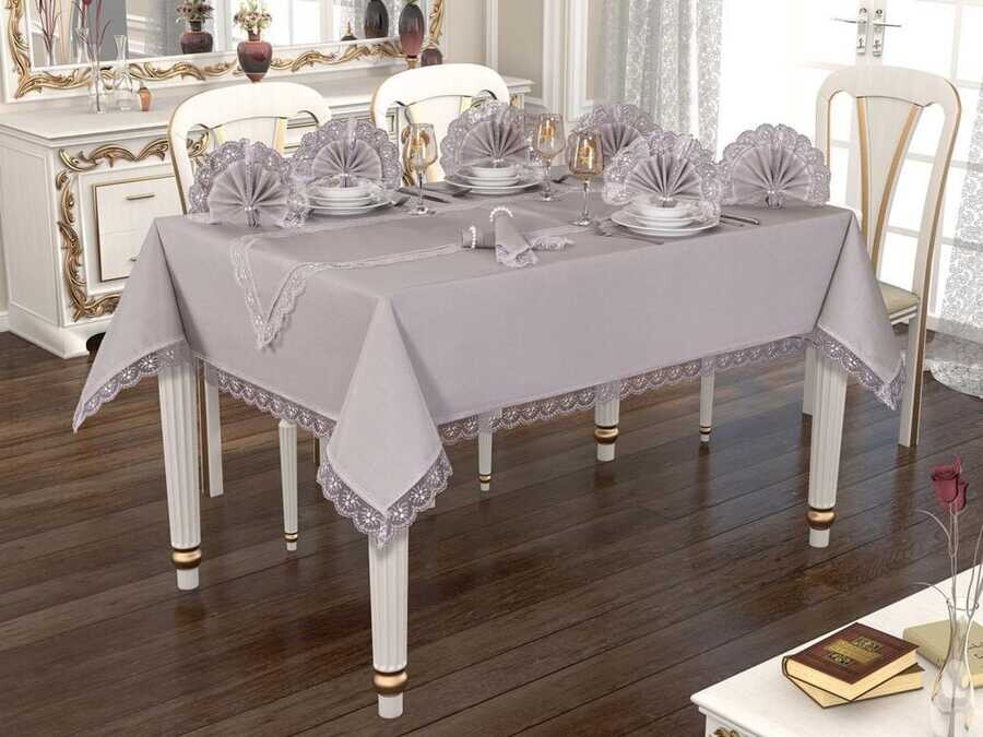Dowry World - Hürrem Table Cloth Set Gray 12 Person Dowry World - Hürrem Table Cloth Set Gray 12 Person