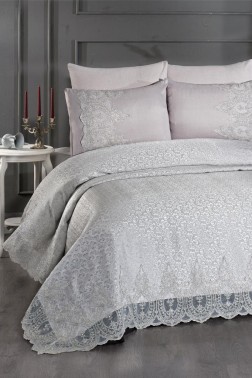 Ilayda Chenille Bedspread Set, Coverlet 240x260, Sheet 240x260 with Pillowcase, Brocade Fabric, Full Size, Double Size Gray - Thumbnail