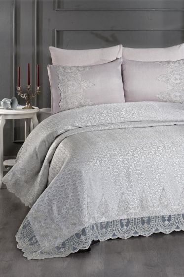Ilayda Chenille Bedspread Set, Coverlet 240x260, Sheet 240x260 with Pillowcase, Brocade Fabric, Full Size, Double Size Gray