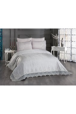 Ilayda Chenille Bedspread Set, Coverlet 240x260, Sheet 240x260 with Pillowcase, Brocade Fabric, Full Size, Double Size Gray - Thumbnail