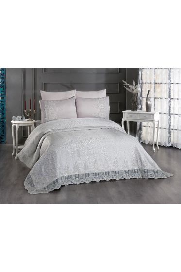 Ilayda Chenille Bedspread Set, Coverlet 240x260, Sheet 240x260 with Pillowcase, Brocade Fabric, Full Size, Double Size Gray