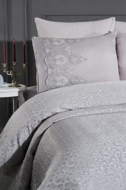 Ilayda Chenille Bedspread Set, Coverlet 240x260, Sheet 240x260 with Pillowcase, Brocade Fabric, Full Size, Double Size Gray - Thumbnail