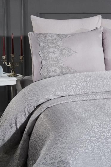 Ilayda Chenille Bedspread Set, Coverlet 240x260, Sheet 240x260 with Pillowcase, Brocade Fabric, Full Size, Double Size Gray