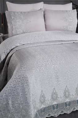 Ilayda Chenille Bedspread Set, Coverlet 240x260, Sheet 240x260 with Pillowcase, Brocade Fabric, Full Size, Double Size Gray - Thumbnail