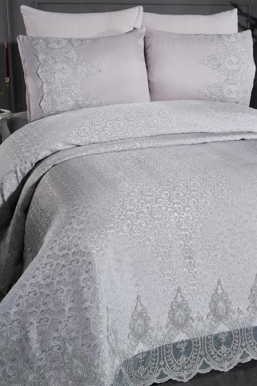 Ilayda Chenille Bedspread Set, Coverlet 240x260, Sheet 240x260 with Pillowcase, Brocade Fabric, Full Size, Double Size Gray