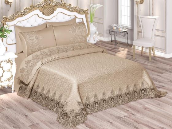 İlayda French Guipure Brocade Bedspread Set Beige