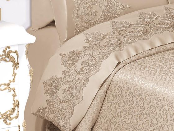 İlayda French Guipure Brocade Bedspread Set Beige