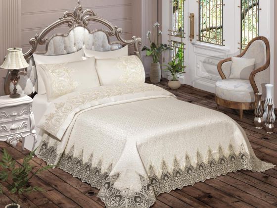 İlayda French Guipure Brocade Pique Set Cream