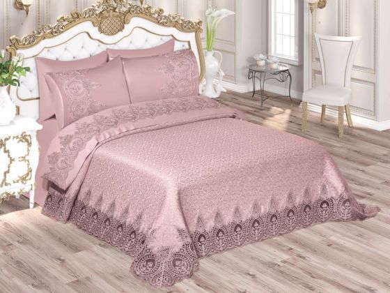 İlayda French Guipure Brocade Bedspread Set Powder