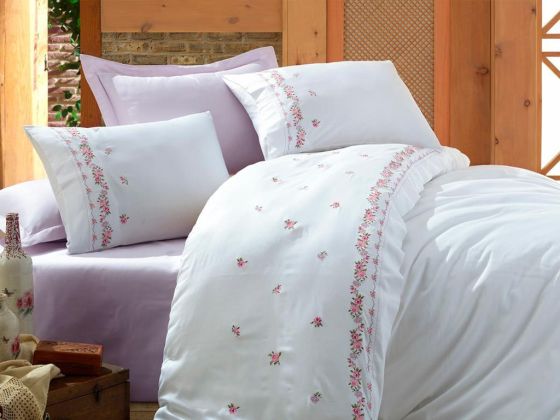 Tamarisk Embroidery Cotton Satin Duvet Cover Set Cream Plum