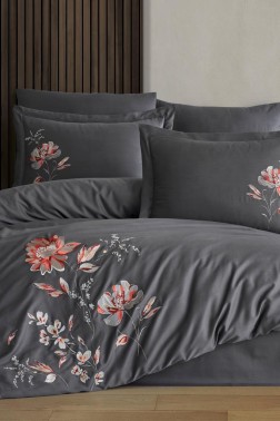 Impero Embroidered 100% Cotton Sateen, Duvet Cover Set, Duvet Cover 200x220, Sheet 240x260, Double Size, Full Size Antrachite - Thumbnail