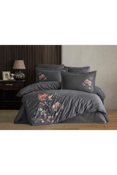 Impero Embroidered 100% Cotton Sateen, Duvet Cover Set, Duvet Cover 200x220, Sheet 240x260, Double Size, Full Size Antrachite