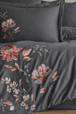 Impero Embroidered 100% Cotton Sateen, Duvet Cover Set, Duvet Cover 200x220, Sheet 240x260, Double Size, Full Size Antrachite - Thumbnail