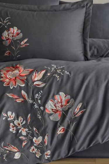 Impero Embroidered 100% Cotton Sateen, Duvet Cover Set, Duvet Cover 200x220, Sheet 240x260, Double Size, Full Size Antrachite