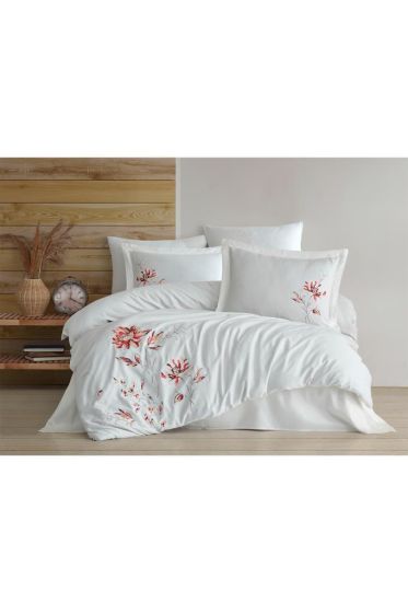 Impero Embroidered 100% Cotton Sateen, Duvet Cover Set, Duvet Cover 200x220, Sheet 240x260, Double Size, Full Size Cream