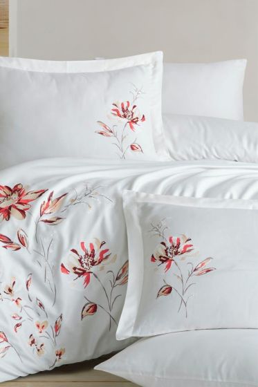 Impero Embroidered 100% Cotton Sateen, Duvet Cover Set, Duvet Cover 200x220, Sheet 240x260, Double Size, Full Size Cream