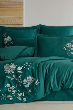 Impero Embroidered 100% Cotton Sateen, Duvet Cover Set, Duvet Cover 200x220, Sheet 240x260, Double Size, Full Size Green - Thumbnail