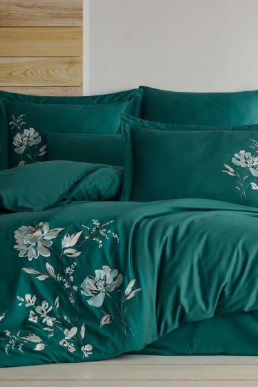 Impero Embroidered 100% Cotton Sateen, Duvet Cover Set, Duvet Cover 200x220, Sheet 240x260, Double Size, Full Size Green