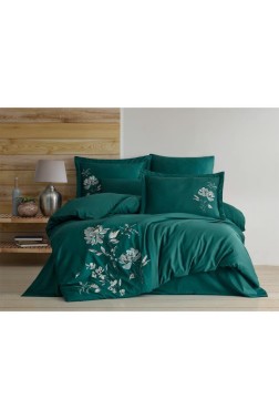 Impero Embroidered 100% Cotton Sateen, Duvet Cover Set, Duvet Cover 200x220, Sheet 240x260, Double Size, Full Size Green - Thumbnail