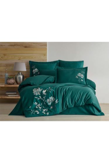 Impero Embroidered 100% Cotton Sateen, Duvet Cover Set, Duvet Cover 200x220, Sheet 240x260, Double Size, Full Size Green
