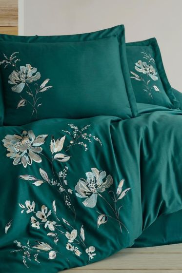 Impero Embroidered 100% Cotton Sateen, Duvet Cover Set, Duvet Cover 200x220, Sheet 240x260, Double Size, Full Size Green