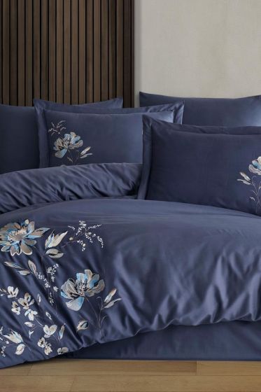 Impero Embroidered 100% Cotton Sateen, Duvet Cover Set, Duvet Cover 200x220, Sheet 240x260, Double Size, Full Size Navy Blue