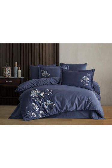 Impero Embroidered 100% Cotton Sateen, Duvet Cover Set, Duvet Cover 200x220, Sheet 240x260, Double Size, Full Size Navy Blue