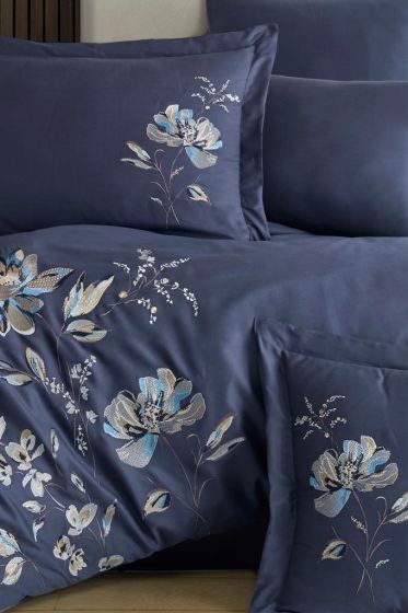 Impero Embroidered 100% Cotton Sateen, Duvet Cover Set, Duvet Cover 200x220, Sheet 240x260, Double Size, Full Size Navy Blue