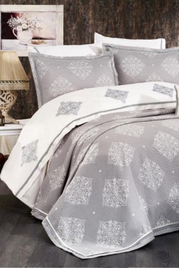 Inci Bridal Set 8pcs, Coverlet 240x250, Sheet 240x260, Duvet Cover 200x220, Pillowcase 50x70, Double Size, Gray - Thumbnail