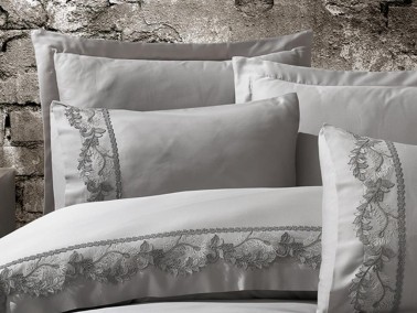 Pearl Guipure Cotton Satin Double Duvet Cover Set Gray - Thumbnail