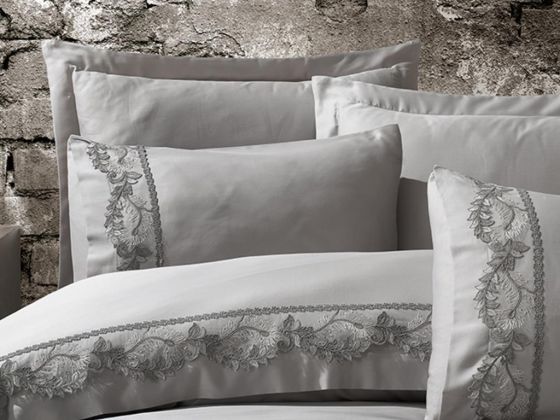 Pearl Guipure Cotton Satin Double Duvet Cover Set Gray