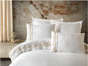 Pearl Guipure Cotton Satin Double Duvet Cover Set Cream - Thumbnail