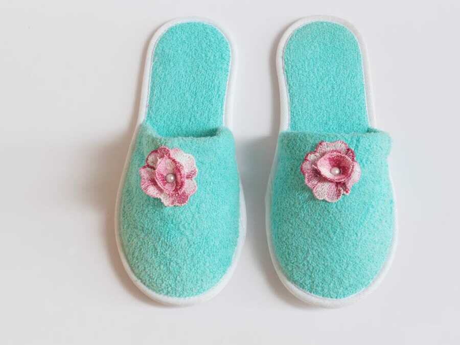 Dowry World - Pearly Pink Rose Patterned Slippers Mint Dowry World - Pearly Pink Rose Patterned Slippers Mint