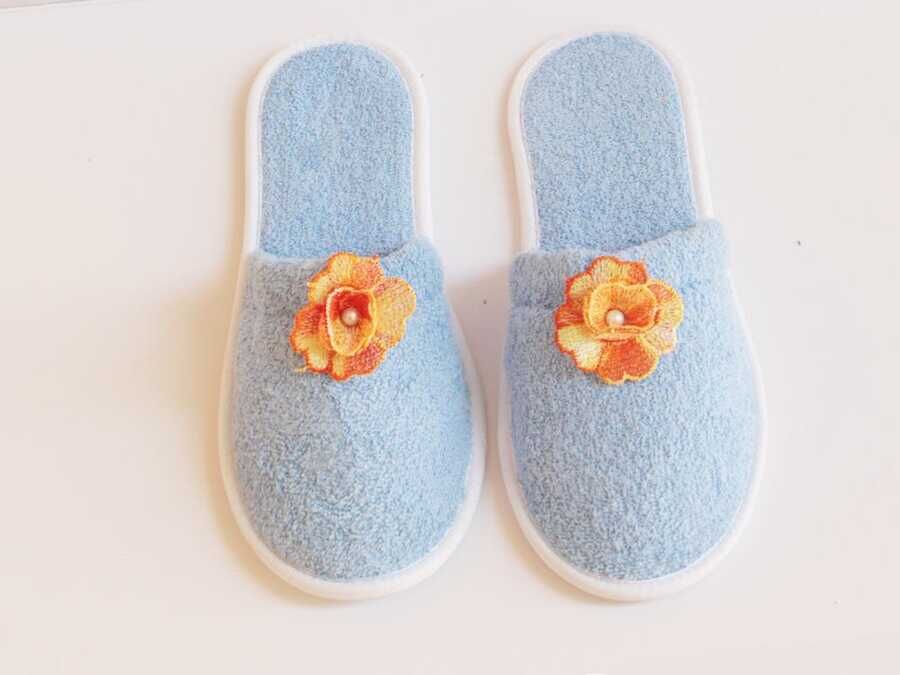 Pearly Orange Rose Patterned Slippers Blue