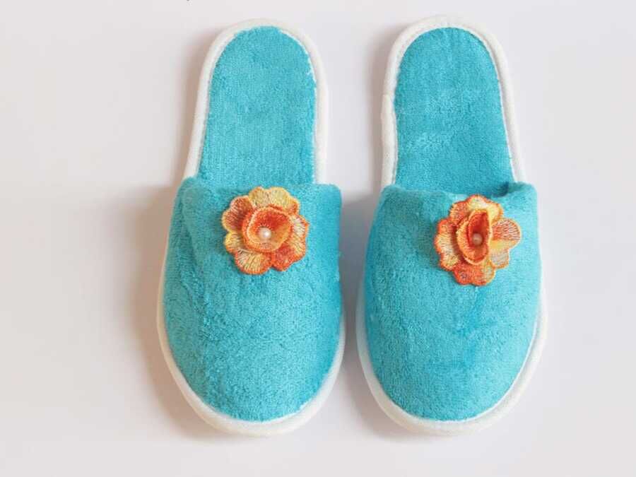 Pearly Orange Rose Patterned Slippers Turquoise