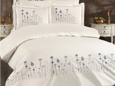 İpek Embroidered Full Size Duvet Cover Set, Duvet Cover 200x220, Sheet 240x260, Cream - Blue - Thumbnail