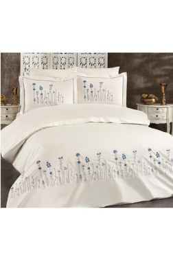 İpek Embroidered Full Size Duvet Cover Set, Duvet Cover 200x220, Sheet 240x260, Cream - Blue - Thumbnail