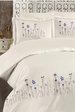 İpek Embroidered Full Size Duvet Cover Set, Duvet Cover 200x220, Sheet 240x260, Cream - Blue - Thumbnail