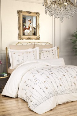 İpek Embroidered Full Size Duvet Cover Set, Duvet Cover 200x220, Sheet 240x260, Cream - Cappucino - Thumbnail