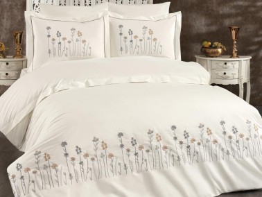 İpek Embroidered Full Size Duvet Cover Set, Duvet Cover 200x220, Sheet 240x260, Cream - Gray - Thumbnail