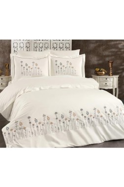 İpek Embroidered Full Size Duvet Cover Set, Duvet Cover 200x220, Sheet 240x260, Cream - Gray - Thumbnail