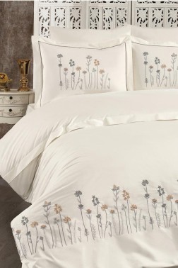 İpek Embroidered Full Size Duvet Cover Set, Duvet Cover 200x220, Sheet 240x260, Cream - Gray - Thumbnail