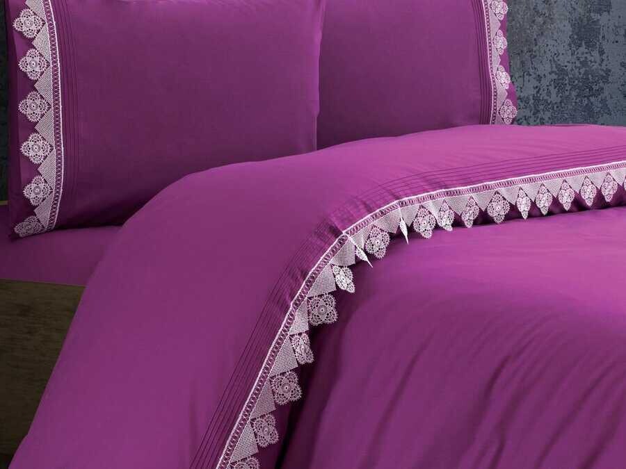 Isilti Needle Lace Gold Duvet Cover Set Plum - Thumbnail