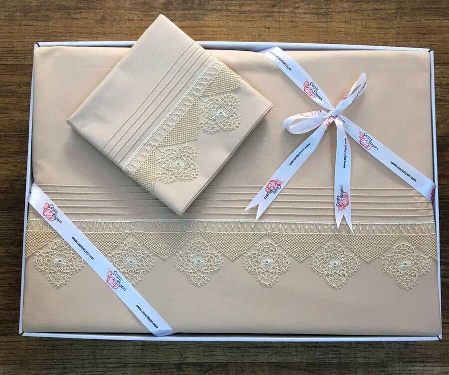  Işıltı Needle Lace Duvet Cover Set Cappucino