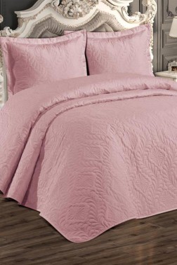 Ivory Quilted Bedspread Set, Coverlet 230x240, Pillowcase 50x70, Double Size,Pink - Thumbnail