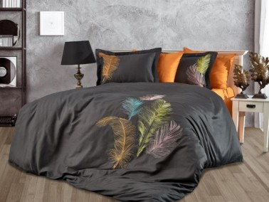 Trace Embroidered Cotton Satin Double Duvet Cover Set Antrachite Orange - Thumbnail