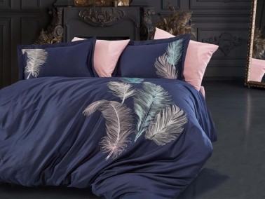 Trace Embroidered Cotton Satin Double Duvet Cover Set Navy Blue - Thumbnail