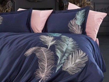 Trace Embroidered Cotton Satin Double Duvet Cover Set Navy Blue - Thumbnail