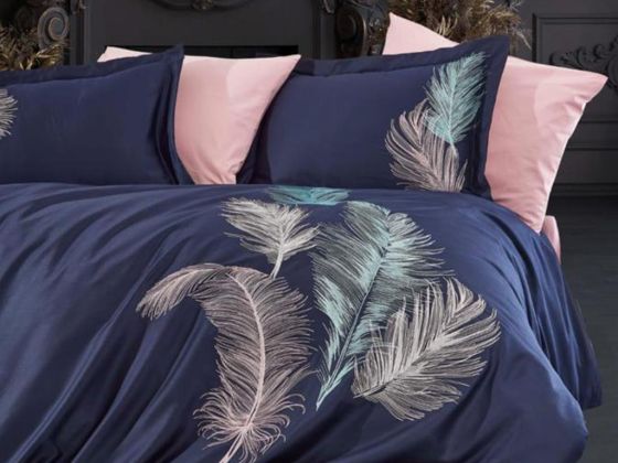 Trace Embroidered Cotton Satin Double Duvet Cover Set Navy Blue